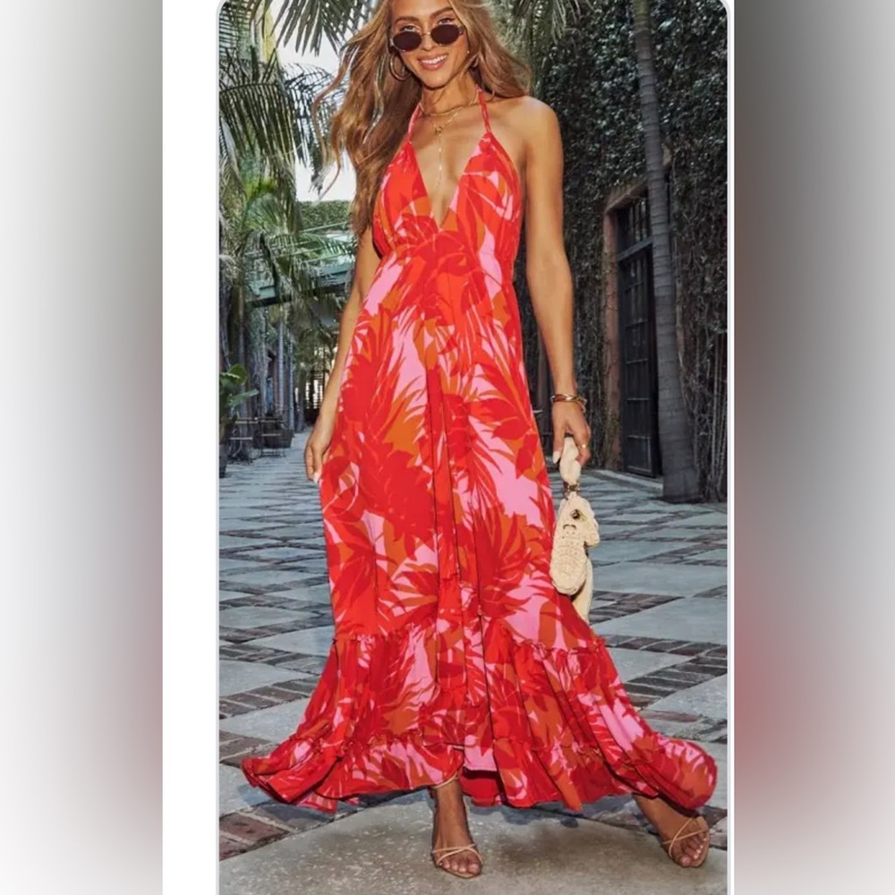 Vici Ophira Red and Pink  Tiered Maxi Sundress- Medium